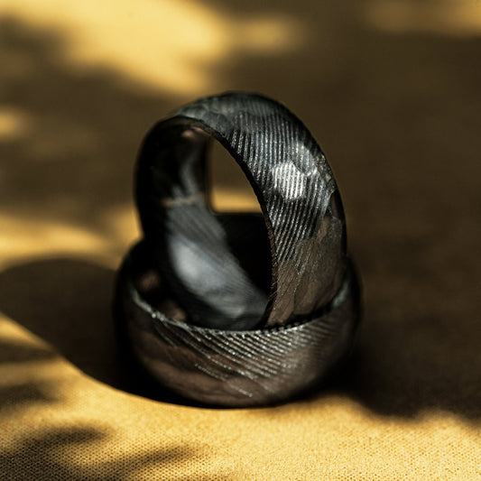 Black Hammered Damascus Steel Ring-Eclipse