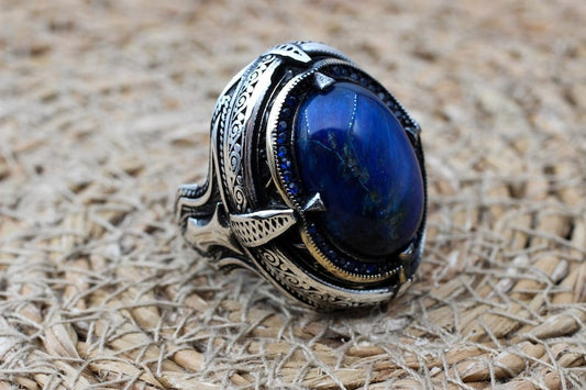 Tiger eye Silver ring for Men Blue tiger eye