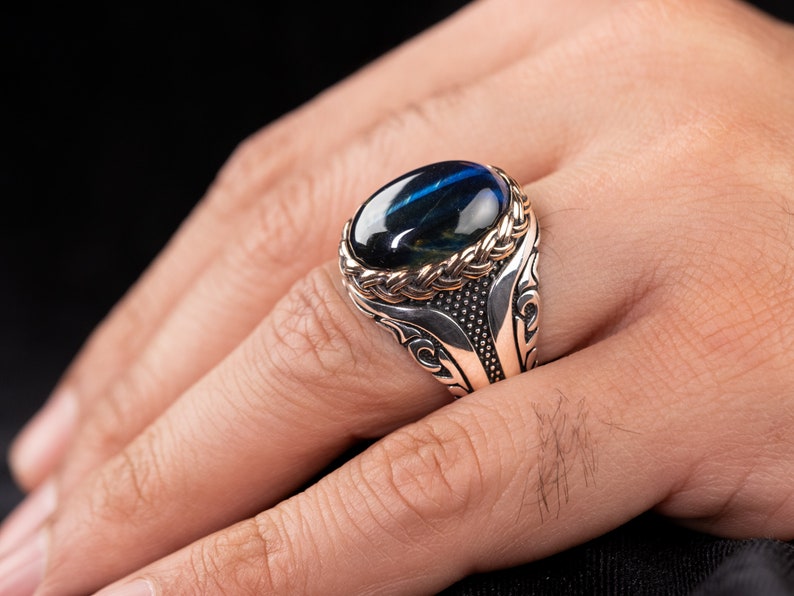 Tiger eye Silver ring Blue Heart