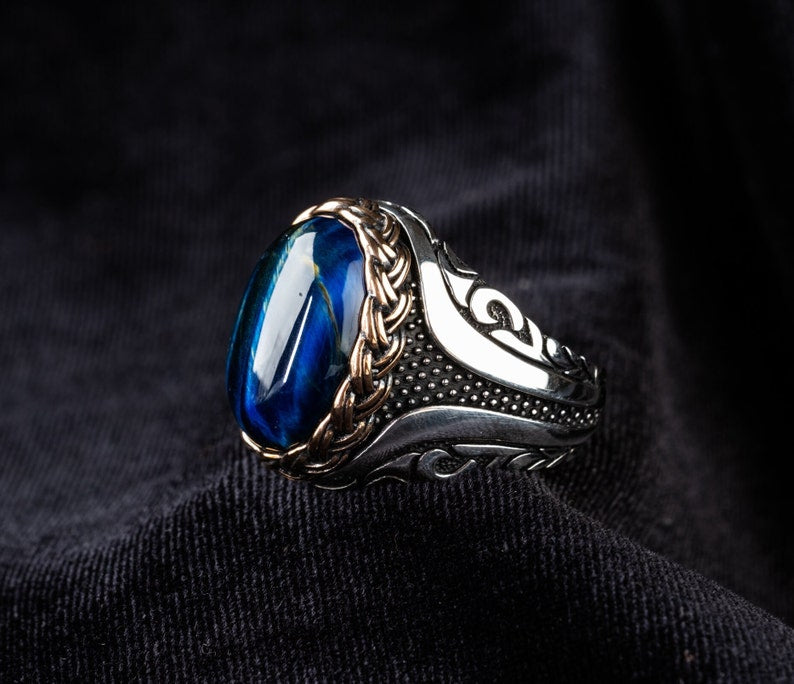 Tiger eye Silver ring Blue Heart