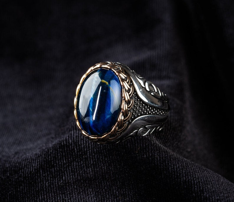 Tiger eye Silver ring Blue Heart