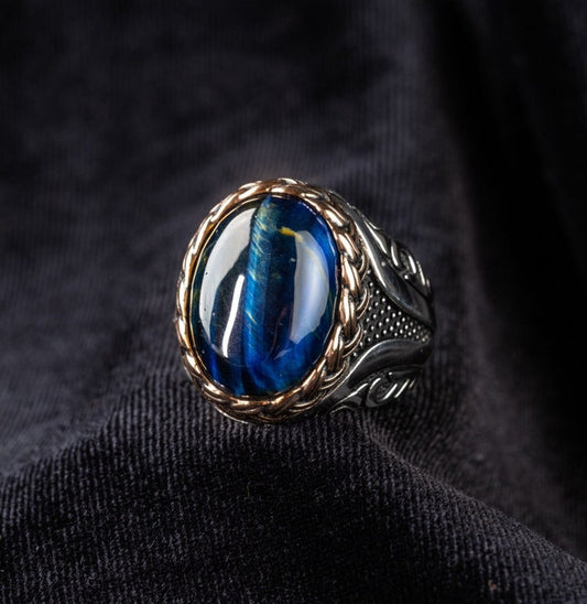 Tiger eye Silver ring Blue Heart