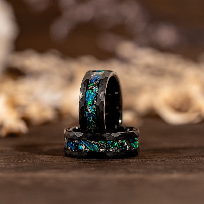 Black Hammered Tungsten Ring - Opal Meteorite