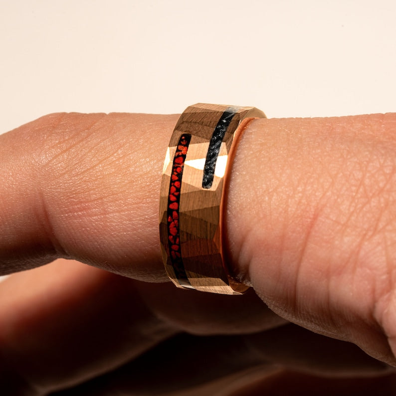 Dinosaur Bone & Meteorite Ring Rose Gold Hammered Ring