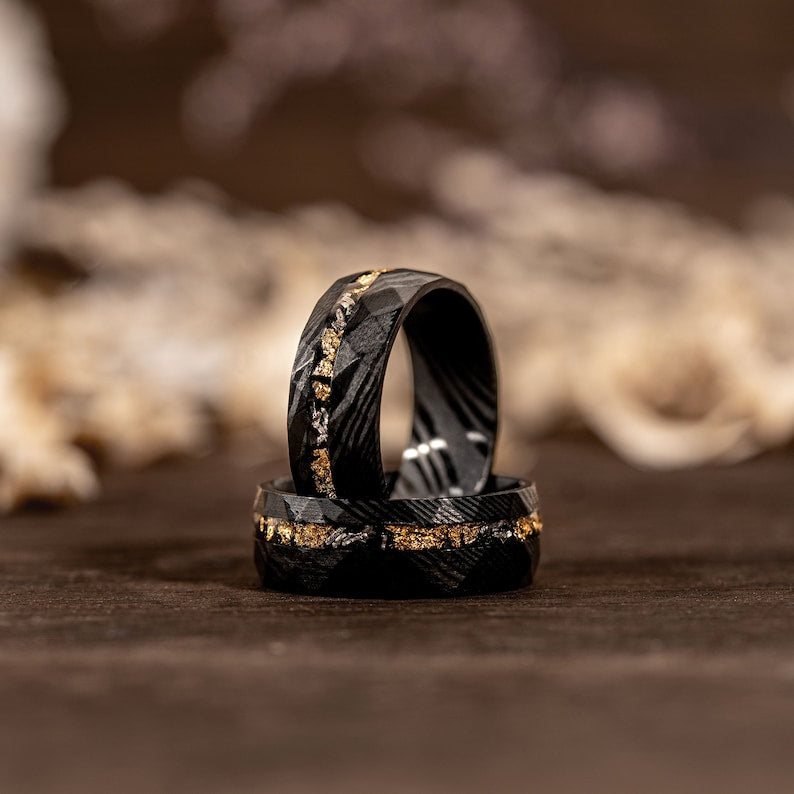 Meteorite & Crushed Gold Leaf  Damascus Steel Ring