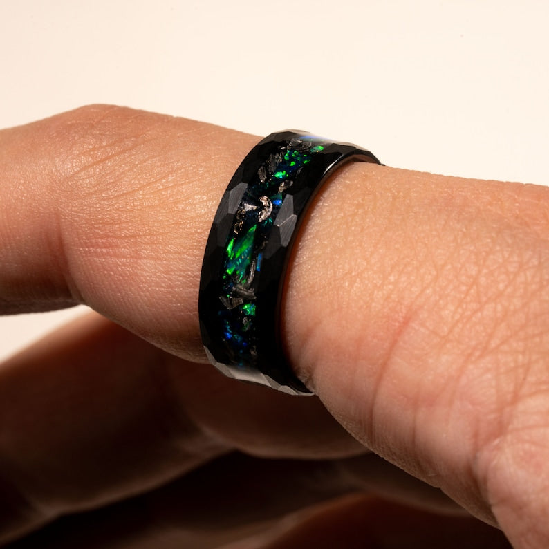 Black Hammered Tungsten Ring - Opal Meteorite